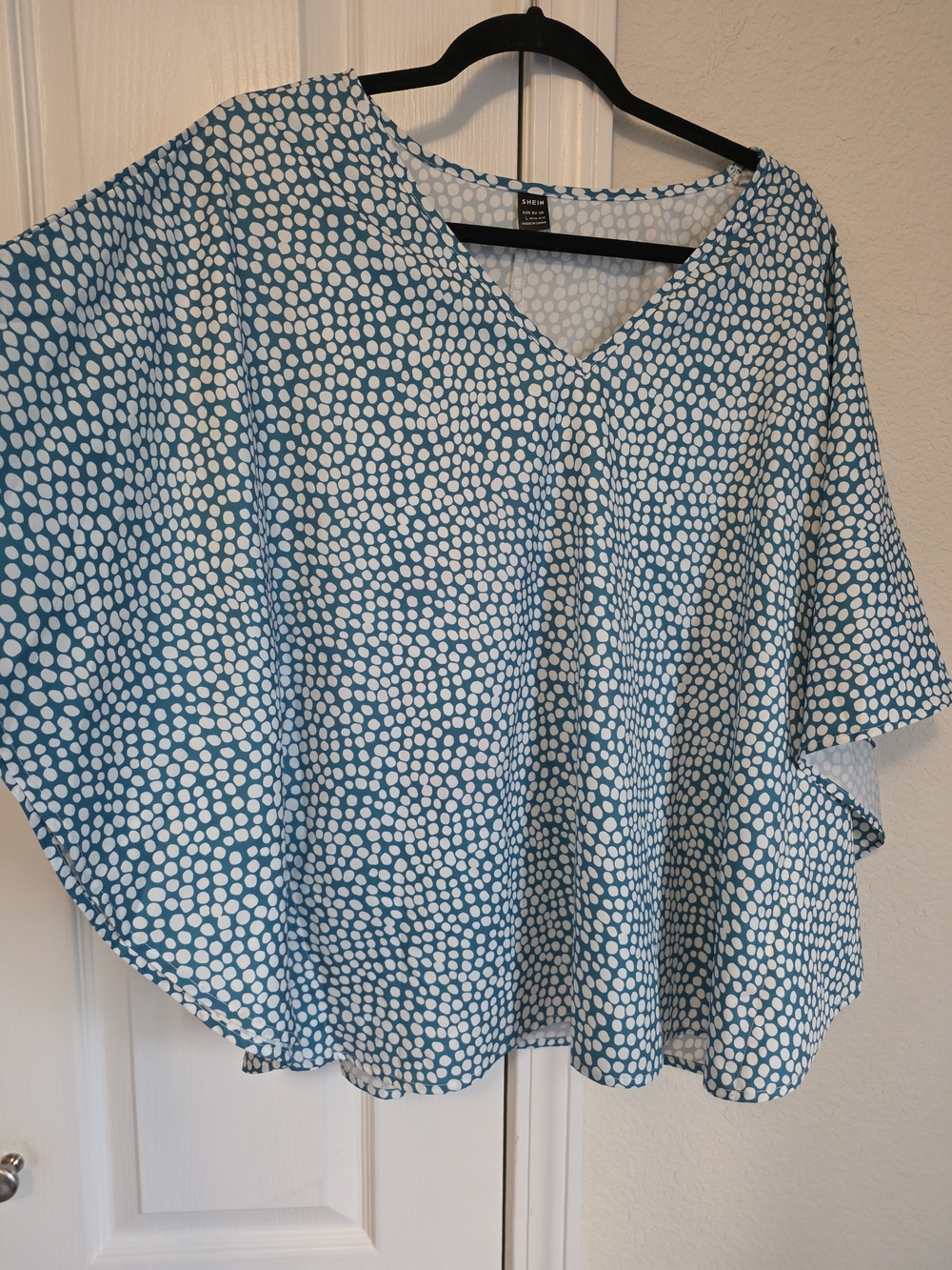 SHEIN Teal and White V-Neck Flutter Sleeve Blouse